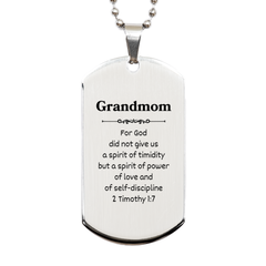 Grandmom Silver Dog Tag Engraved with 2 Timothy 1:7, Inspirational Gift for Grandma on Christmas, Birthday, or Graduation, Perfect for Showing Love and Confidence