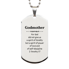 Godmother Inspirational Engraved Silver Dog Tag - Power, Love, and Self-Discipline Gift for Her on Christmas, Birthday, Graduation, or Veterans Day