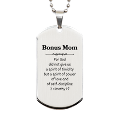 Silver Dog Tag for Bonus Mom, Inspirational Engraved Necklace, Gift for Mothers Day, Birthday, Christmas, Veterans Day