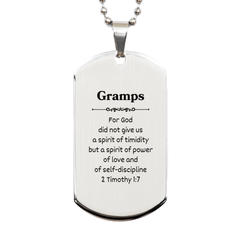 Gramps Silver Dog Tag - Power, Love, Self-Discipline & Confidence Engraved Gift for Veterans Day, Christmas, Birthday - Inspirational 2 Timothy 1:7 Scripture Pendant Necklace