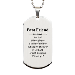 Silver Dog Tag Best Friend Gift Engraved with 2 Timothy 1:7 Inspirational Confidence for Christmas, Birthday, Graduation, Veterans Day