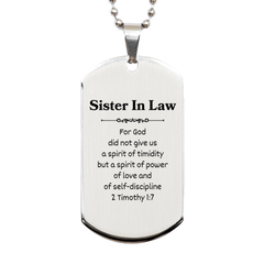 Powerful Sister In Law Engraved Silver Dog Tag for Birthday or Graduation Gift with Inspirational 2 Timothy 1:7 Quote