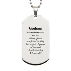 Godson Silver Dog Tag Inspirational Engraved Gift for Birthday Graduation With Spirit of Power and Love, Perfect Christmas Present for Godson