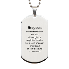 Unique Stepson Silver Dog Tag Engraved with 2 Timothy 1:7 Inspirational Gift for Birthday, Graduation, Christmas - Strength, Love, Confidence