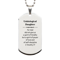 Unbiological Daughter Engraved Silver Dog Tag - A Spirit of Power and Love, Perfect Gift for Birthday, Christmas, Graduation, Veterans Day, and Easter