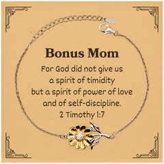 Bonus Mom Sunflower Bracelet - Spirit of Power and Love Gift for Mothers Day, Christmas, Birthday, Easter - Inspirational Engraved Jewelry for Bonus Mom