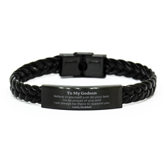 Braided Leather Bracelet Godson Gift from Goddad Inspirational Support for Graduation and Birthday, Believe in Yourself and Do Your Best, Unique Engraved Bracelet for Him to Show Love and Confidence