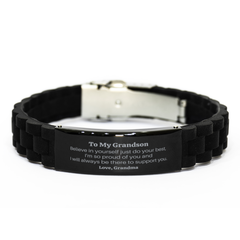 Engraved Black Glidelock Clasp Bracelet for Grandson - Believe in Yourself, Grandmas Love and Support for Birthday Gift or Graduation Present. Confidence and Inspiration Included.