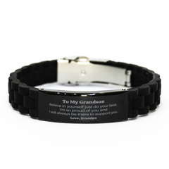 Engraved Black Glidelock Clasp Bracelet for Grandson - Believe in yourself, always proud of you - Inspirational Gift for Birthday, Graduation, Christmas - Supportive Grandpa Love - Confidence and Hope Encouragement Bracelet from Grandpa