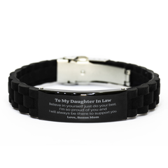 Black Glidelock Clasp Bracelet for Daughter In Law - Believe in Yourself Engraved Bracelet for Women - Inspirational Gift for Christmas, Graduation, Birthday - Bonus Mom Support and Love