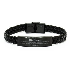 Unique Braided Leather Bracelet Big Sister Gift Power Love Discipline Hope Inspirational Confidence Strengthening Jewelry for Birthday, Christmas, Graduation 2 Timothy 1:7