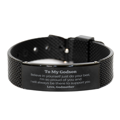 Black Shark Mesh Bracelet Godson Gift Engraved Inspirational Support from Godmother for Christmas, Graduation, Birthday - Believe in Yourself, Im Proud of You, Always There
