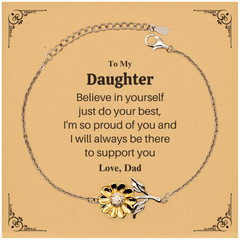 Daughter Sunflower Bracelet - Engraved Inspirational Gift from Dad for Graduation, Birthday, Christmas - Believe, Support, Love, Confidence