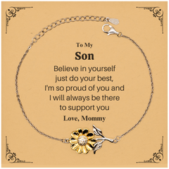 Sunflower Bracelet for Son, Believe in Yourself Inspirational Gift from Mommy for Birthday, Graduation, Christmas - Unique Engraved Jewelry to Show Love and Support to Your Son