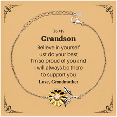 Sunflower Bracelet Grandson - Engraved Inspirational Quote - Perfect Gift for Graduation, Christmas, Birthday - Believe in Yourself and Always Supported by Grandmother