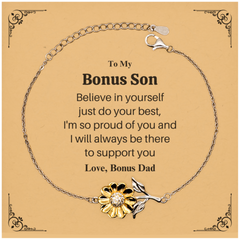 Sunflower Bracelet for Bonus Son | Believe in Yourself Engraved Jewelry from Bonus Dad | Inspirational Gift for Birthday, Graduation, and Holidays