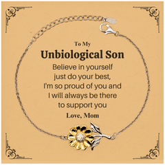 Sunflower Bracelet for Unbiological Son - Believe in Yourself Inspirational Gift from Mom for Christmas, Birthday - Unique Engraved Supportive Jewelry for Him