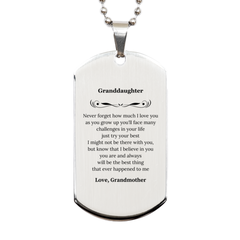 Silver Dog Tag Granddaughter Inspirational Gift - Never forget I love you, believe in you, engraved for Birthday, Graduation, Christmas, Veterans Day, Easter, confidence, best thing that ever happened to me