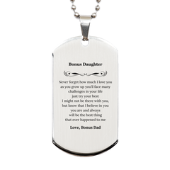 Bonus Daughter Engraved Silver Dog Tag - Never forget I believe in you, Birthday Gift for Bonus Daughter, Inspirational Confidence Jewelry for Her on Christmas, Graduation, and Holidays