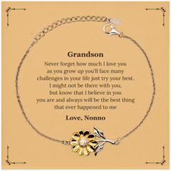Grandson Sunflower Bracelet - Never forget how much I love you. Engraved with love and encouragement for Birthday, Graduation, and Holidays, perfect inspirational gift for grandson from grandmother