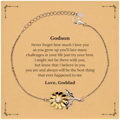 Sunflower Bracelet Godson Never Forget I Believe in You Inspirational Gift for Him on Graduation, Birthday, Christmas - Engraved Bracelet to Show Love and Support for Your Godson