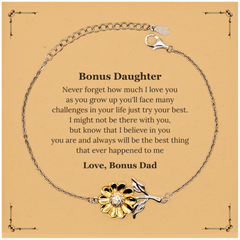 Bonus Daughter Sunflower Bracelet Engraved Inspirational Gift for Her - Never forget how much I love you as you grow up. Always believe in yourself and know that Im cheering for you. Perfect Birthday or Graduation Present to show your love and support.