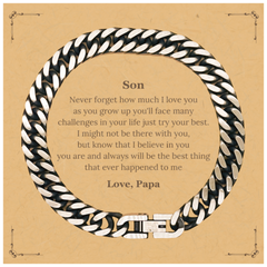 Gift for Son Cuban Link Chain Bracelet Engraved with Inspirational Message for Birthday, Christmas, Graduation - From Papa, Son Never Forget I Believe in You, Son, You Are the Best