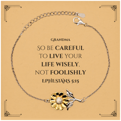 Grandma Sunflower Bracelet - Unique Engraved Confidence Gift for Easter, Christmas, Birthday - Live Wisely, Not Foolishly