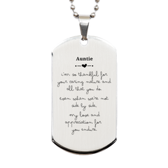 Silver Dog Tag Auntie Im so thankful for your caring nature and all that you do Birthday Christmas Graduation Gift for Aunt Engraved Unique Appreciation Jewelry