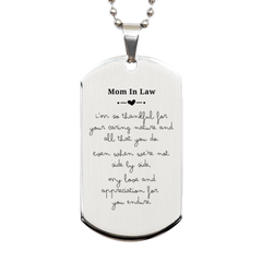 Silver Dog Tag for Mom In Law - Engraved with Thankful for Your Caring Nature - Mothers Day Gift for a Special Woman in Your Life