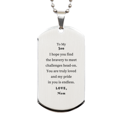 Engraved Silver Dog Tag for Son - Bravery and Love from Mom - Perfect Christmas Gift to Show Confidence and Pride - Unique Inspirational Token for Son on Graduation and Veterans Day