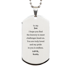 Unique Engraved Silver Dog Tag for Son - Bravery, Love, Confidence, Fathers Gift for Graduation, Christmas, Birthday, Veterans Day - Inspirational Words from Daddy - Meaningful and Unforgettable Present