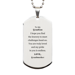 Grandson Engraved Silver Dog Tag - Inspirational Gift for Birthday, Christmas, and Graduation - Bravery, Love, and Pride Filled Message from Grandmother