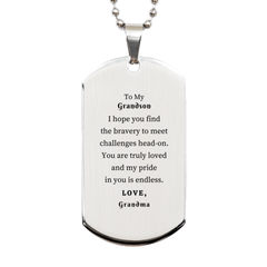 Silver Dog Tag Grandson Engraved Inspirational Gift for Birthday or Graduation - Bravery, Love, Hope, Confidence, Perfect Present for Grandson from Grandma