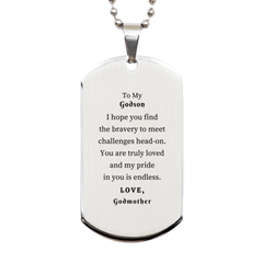 Godson Silver Dog Tag Engraved with Inspirational Love from Godmother, Perfect Birthday Gift for Him, Genuine Confidence and Endless Pride, Meaningful Token of Love and Support