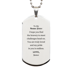 Engraved Silver Dog Tag for Bonus Sister, Inspirational Gift for Birthday, Christmas, Graduation - Bravery, Love, Confidence, Sister