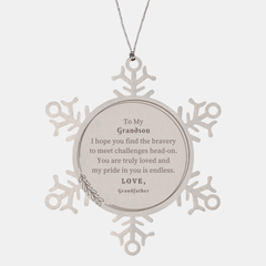 Grandson Snowflake Ornament - Bravery & Love Engraved Christmas Gift for Grandson, Unique Holiday Keepsake, Grandfathers Pride and Endless Love