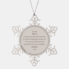 Snowflake Ornament Niece - Bravery & Love Engraved Gift for Christmas Holiday Season - Inspirational Confidence from Aunt - Special Niece, Beautiful Ornament for Special Niece - Decorative Snowflake Ornament Gift for Niece