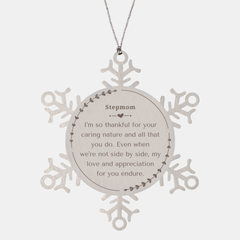 Stepmom Engraved Snowflake Ornament Thankful Caring Nature Appreciation Gift for Christmas Ornaments Sisters Wife Aunt Grandma Silver Filigree Decorations Rustic Hanging Tree Decor Silver Snowflake