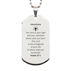 Grandma Engraved Silver Dog Tag - Psalm 27:1 Inspirational Gift for Grandma - Confidence and Hope Filled Pendant for Birthday, Christmas, Veterans Day - Unique Grandma Necklace