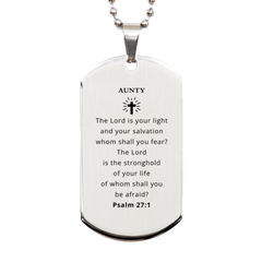 Aunty Engraved Silver Dog Tag - The Lord is Your Light, Unique Inspirational Gift for Aunty on Birthday, Graduation, Christmas - Confidence and Hope Necklace for Aunty - Veterans Day, Easter, Aunty Gift Option - Psalm 27:1