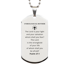 Unbiological Mother Engraved Silver Dog Tag for Mothers Day Gift with Inspirational Psalm 27:1 Message - Perfect Gift for Stepmoms, Mother-in-laws, and Birthmothers - Unique Symbol of Love and Hope