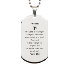 Father Silver Dog Tag Engraved with Psalm 27:1, Perfect Gift for Dad, Inspirational Fathers Day Accessory for Confidence and Hope