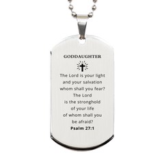 Engraved Silver Dog Tag Goddaughter Gift - The Lord is your light and salvation - Inspirational Graduation or Birthday Present for Her