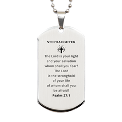 Stepdaughter Engraved Silver Dog Tag - The Lord is your light and salvation, perfect Graduation gift for Stepdaughter, inspirational confidence for her, Veterans Day special