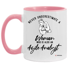 Agile Analyst Mug Never Underestimate A Woman Who Is Also An Agile Analyst Coffee Cup Two Tone Pink 11oz AM11OZ