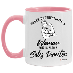 Sales Director Mug Never Underestimate A Woman Who Is Also A Sales Director Coffee Cup Two Tone Pink 11oz AM11OZ