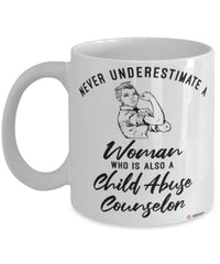 Child Abuse Counselor Mug Never Underestimate A Woman Who Is Also A Child Abuse Counselor Coffee Cup White