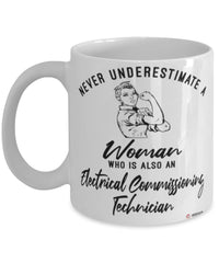 Electrical Commissioning Technician Mug Never Underestimate A Woman Who Is Also An Electrical Commissioning Tech Coffee Cup White