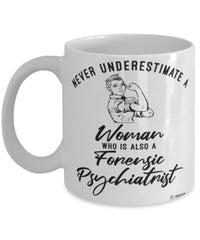 Forensic Psychiatrist Mug Never Underestimate A Woman Who Is Also A Forensic Psychiatrist Coffee Cup White